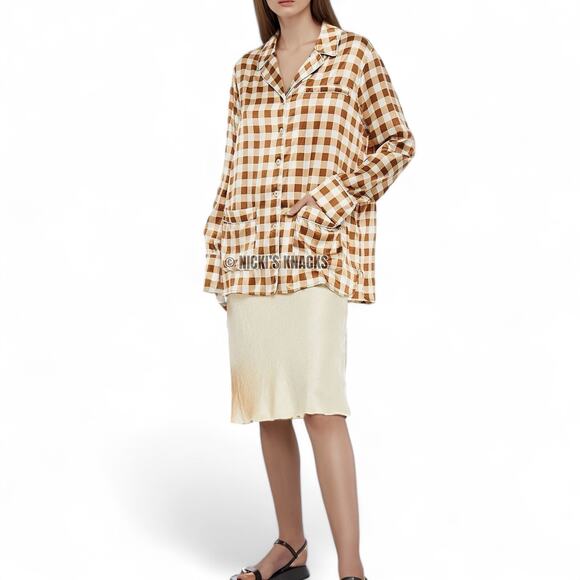 Ganni Brown & Cream Silk Check Shirt Button Down Plaid Oversized Size 32 XXS - Picture 10 of 12